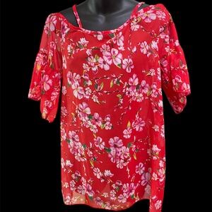 NWOT Red & Pink Cold Shoulder Floral Sheer Blouse~Spaghetti Straps~Size Small